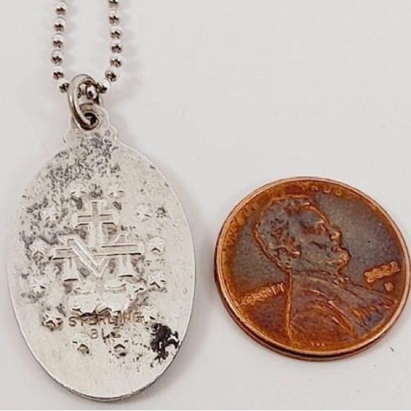 Sterling Mother Mary Catholic Medallion Pendant w/ Sterling Chain 17in - Picture 3 of 4